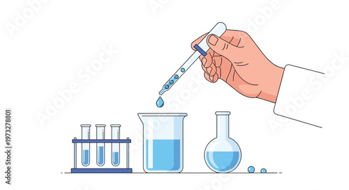A meticulous scientist wearing a white lab coat uses a glass pipette to carefully dispense blue liquid into a transparent beaker on a clean surface.