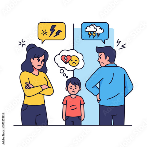 Sad child between arguing parents, family conflict, relationship problems, divorce concept, emotional distress