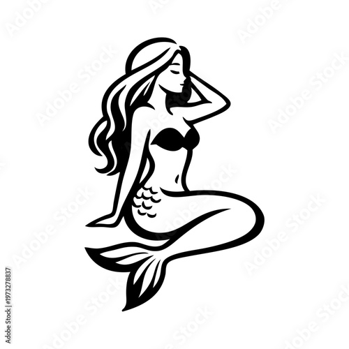 Logotipo con dibujo minimalista de una bella sirena sentada