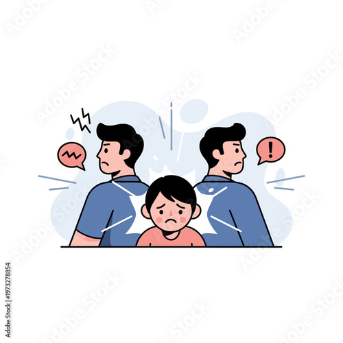 Sad Child Between Fighting Parents, Family Conflict Illustration