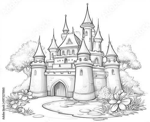Drawing of a large castle with towers and gardens