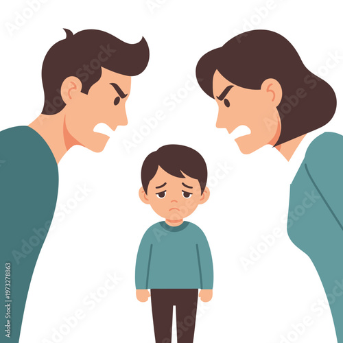 Sad child caught between arguing parents, family conflict illustration