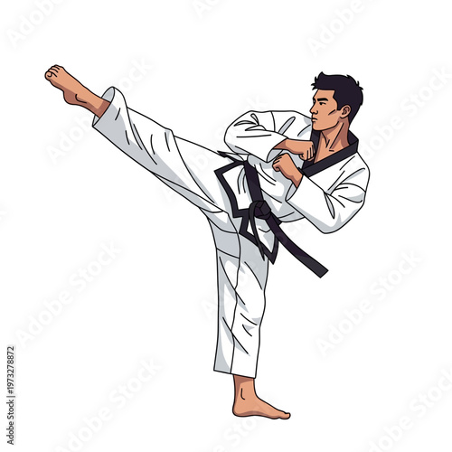 Martial Artist Performing High Side Kick in Taekwondo Uniform