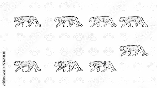Graceful leopard walking sequence on a clean white background showcasing the animal's fluid motion and powerful stride in a side view perspective ideal for animation