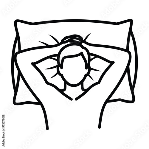 Person relaxing on a pillow with hands behind head vector line art icon with self care with well being with mental health with black and whi