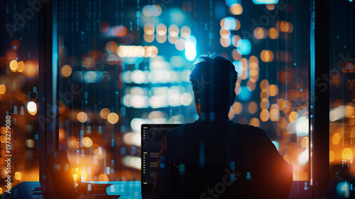 Silhouette of a person working late at night in a modern office overlooking city lights