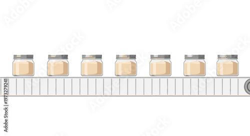 A series of seven identical glass jars filled with a smooth creamy beige product moves steadily along a grey industrial conveyor belt in a modern factory.