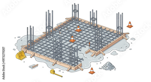 A massive industrial construction site features a wet concrete foundation reinforced with a meticulous grid of steel rebar and several tall vertical pillars.