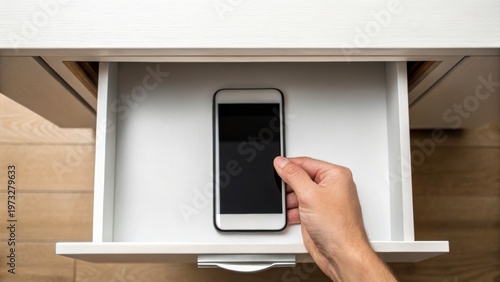 Hand placing a smartphone inside a white drawer on a wooden floor background.