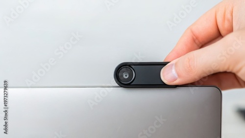 Hand adjusting a small camera mounted on the top edge of a laptop screen.