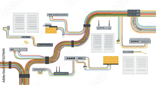 A technical diagram illustrates a complex network infrastructure featuring multiple servers, wireless routers, firewalls, and bundles of multicolored data cables.