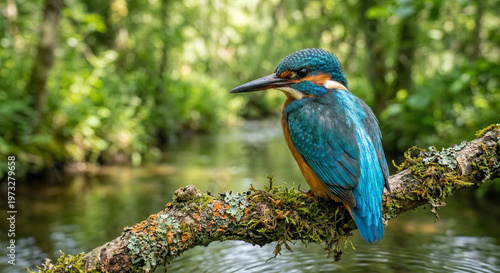 A tack-sharp, close-up portrait of a Kingfisher perched on a mossy, lichen-covered branch overhanging a stream. The focus is intense on its dark eye and the intricate, scale-like texture of its azure 