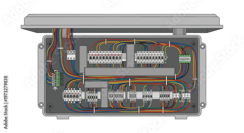 An open grey electrical junction box reveals a complex and meticulously organized arrangement of multicolored wires connected to several rows of modern circuit breakers.