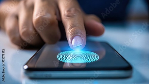 Finger touching smartphone screen with glowing fingerprint scanner for biometric authentication.