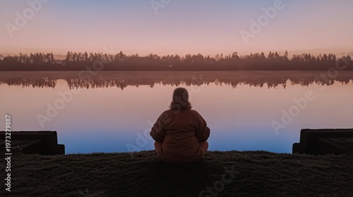Person sits by calm lake during sunset with trees in view