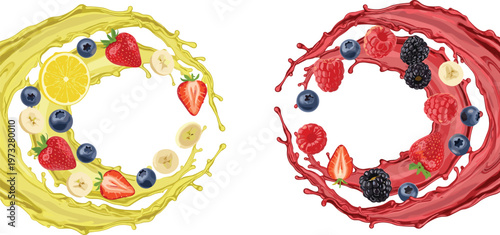 Fruit Juice Splash Circle Set with Citrus and Berry Composition Featuring Lemon Banana Strawberry Blueberry Raspberry and Blackberry Realistic Vector Illustration