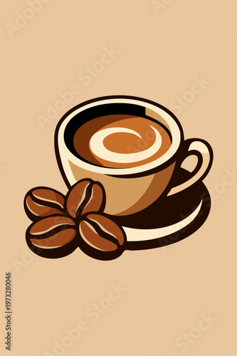 Logo cafetería. Dibujo sencillo con líneas de un plato con una taza de café con remolino de leche, con frijoles de café, en varios colores, en estilo retro 