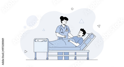 Nurse caring for patient in hospital bed, medical illustration, healthcare concept