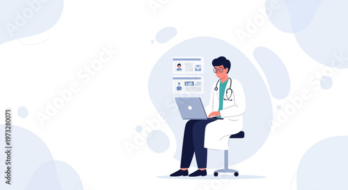 Doctor using laptop for telemedicine, online consultation, medical records on screen