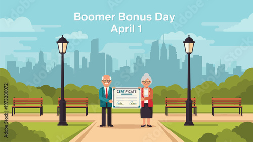 Boomer Bonus Day April 1 Senior Couple Holding Certificate in Park Retirement Benefit Concept Elderly Lifestyle Pension Celebration Flat Illustration Modern Design