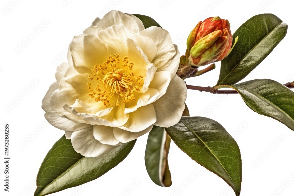 Obraz premium A large white flower with yellow stamens and green leaves is shown on a branch with a bud.