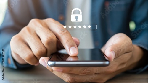 Close-up of a person using a smartphone with a digital padlock and password bar overlay for cybersecurity concept.