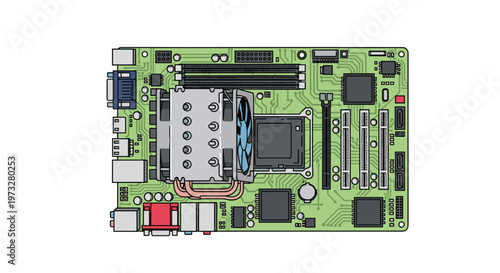 A complex green printed circuit board motherboard displays various electronic components including a central processor unit with a large cooling fan assembly.