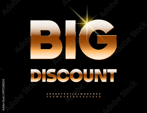 Vector Marketing banner Big Discount. Elegant Gold Font for Digital Brand and Design Logo. Classy Alphabet Letters and Numbers set.