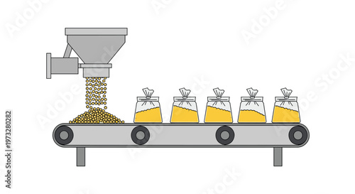 An automated production line features a metal hopper dispensing golden yellow pellets into transparent plastic bags as they move along a gray conveyor.