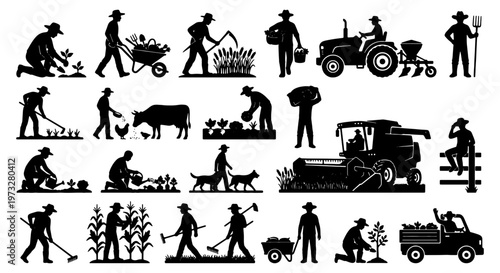 Farming and agriculture silhouette icons set, farmers working with tractor and livestock, black vector silhouettes of rural garden activities