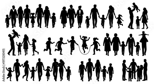 Family silhouette collection, black vector silhouettes of parents and children holding hands, diverse family groups and kids playing together