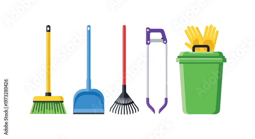 A colorful array of outdoor maintenance equipment including a yellow broom, a blue dustpan, a black rake, a purple grabber, and a large green trash can.