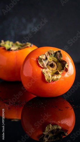 Two vibrant orange fruits with green tops sit on a glossy black surface, reflecting their perfect shape and colors