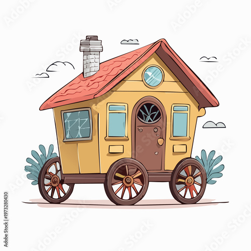 Small yellow house on wheels cartoon.
