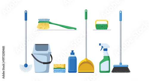 A diverse collection of household cleaning supplies including a tall blue broom, a gray mop bucket, a green spray bottle, and yellow sponges are displayed.