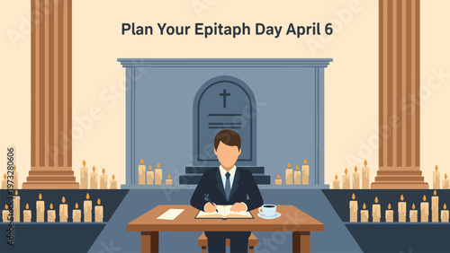 Plan Your Epitaph Day April 6 Man Writing Final Message in Memorial Setting Reflection on Life Legacy Funeral Concept Candlelight Scene Flat Illustration Modern Design