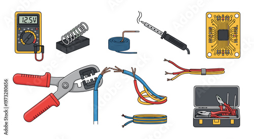 Professional electronic repair tools including a digital multimeter, soldering iron, and wire strippers sit arranged with a detailed green printed circuit board component.