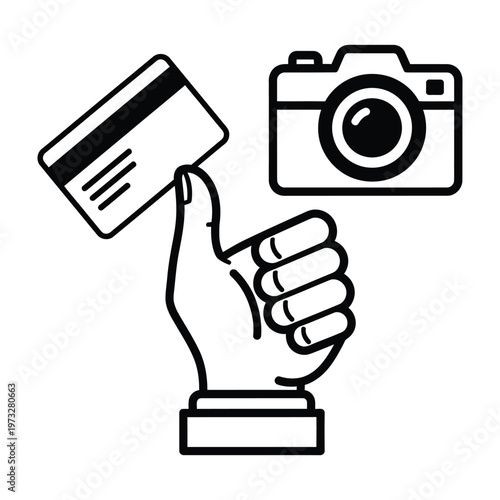 Hand giving thumbs up with credit card and camera icon, representing payment for photography or good deals on creative services, thumbs