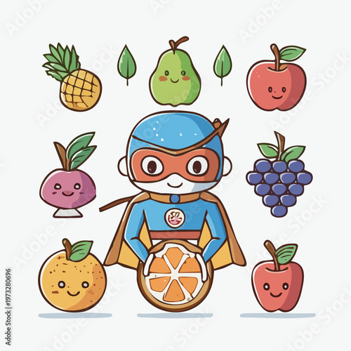 Cartoon superhero holding orange slices surrounded.