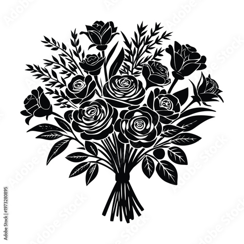 Konstfotografi Black floral bouquet, vector roses, flower arrangement, botanical illustration