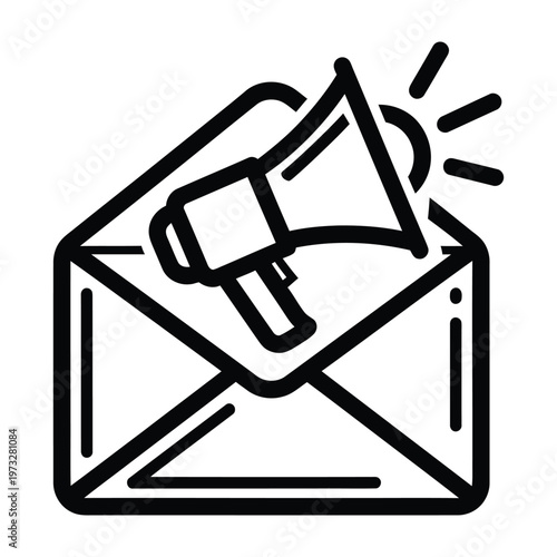 Open envelope with a megaphone and radiating lines, signifying email marketing, announcement, or communication, direct mail, line art