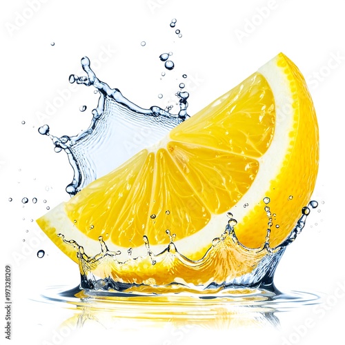 A bright yellow citrus wedge is emerging from and surrounded by water droplets and a splash on a clean white background