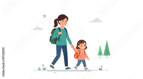 Mother and daughter walking together with backpacks, flat vector illustration of happy family traveling or going to school
