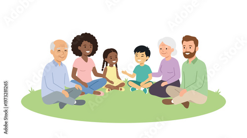 Multi-ethnic Multi-generational Family and Community Group Sitting in a Circle on Grass. Flat Vector Illustration of Diverse People Together for Inclusion and Unity.