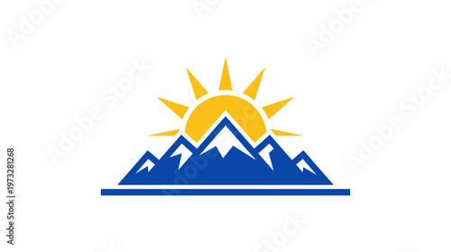 Minimalist Blue Mountain Range and Yellow Sunrise Vector Logo Illustration