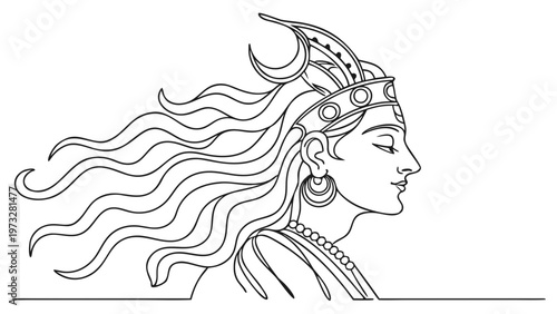 Elegant depiction of a regal figure with flowing hair and ornate headwear, rendered in a classic line art style.