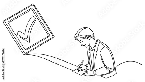 Focused individual completing a form with a checkmark symbol indicating success