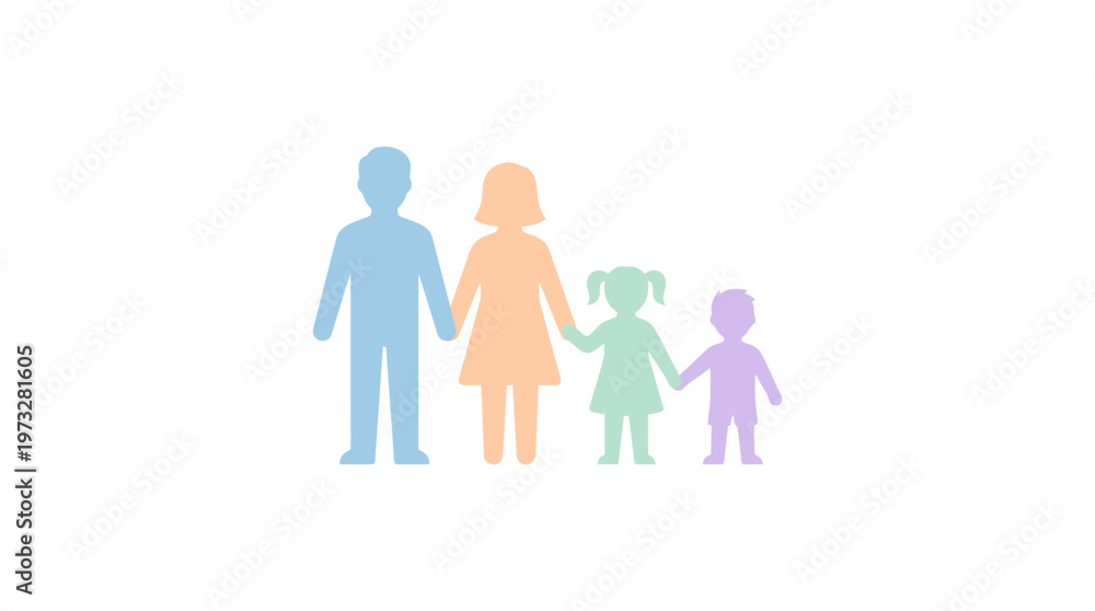 Fototapeta premium Colorful Family Silhouette Icons Holding Hands Isolated on White Background