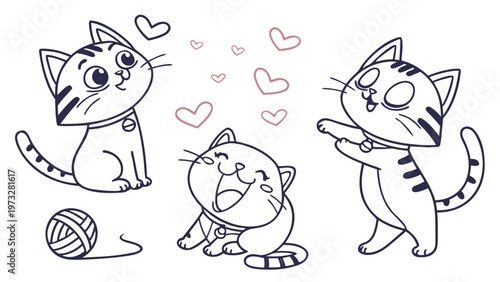 Three adorable cartoon kittens surrounded by hearts, playing with a ball of yarn
