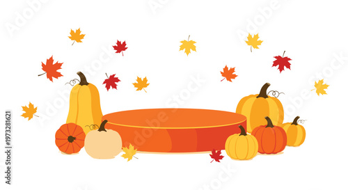 A vibrant orange circular podium stands at the center of a seasonal harvest scene featuring diverse pumpkins and scattered falling maple leaves in autumn.